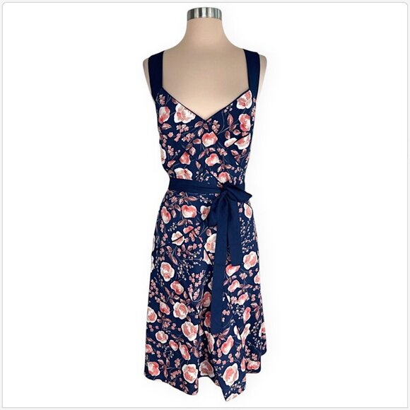 Adrianna Papell Navy Coral Floral Printed Pleated Fit and Flare Dress NWT NEW 12 - Picture 3 of 6